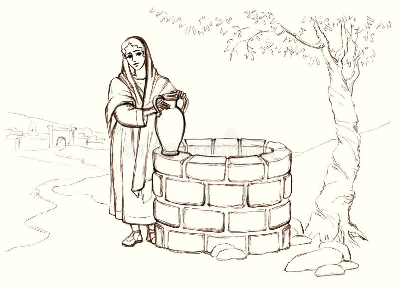 Christ and the samaritan woman at the well pencil drawing stock illustration
