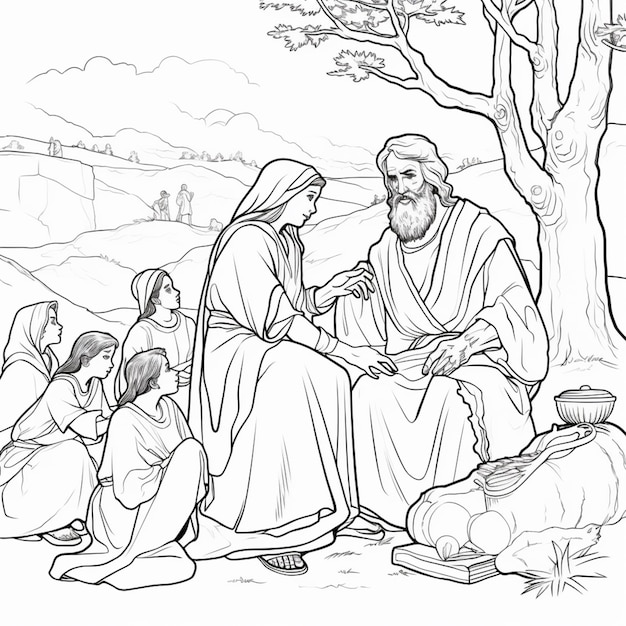 Premium ai image a coloring page of jesus and mary with children generative ai