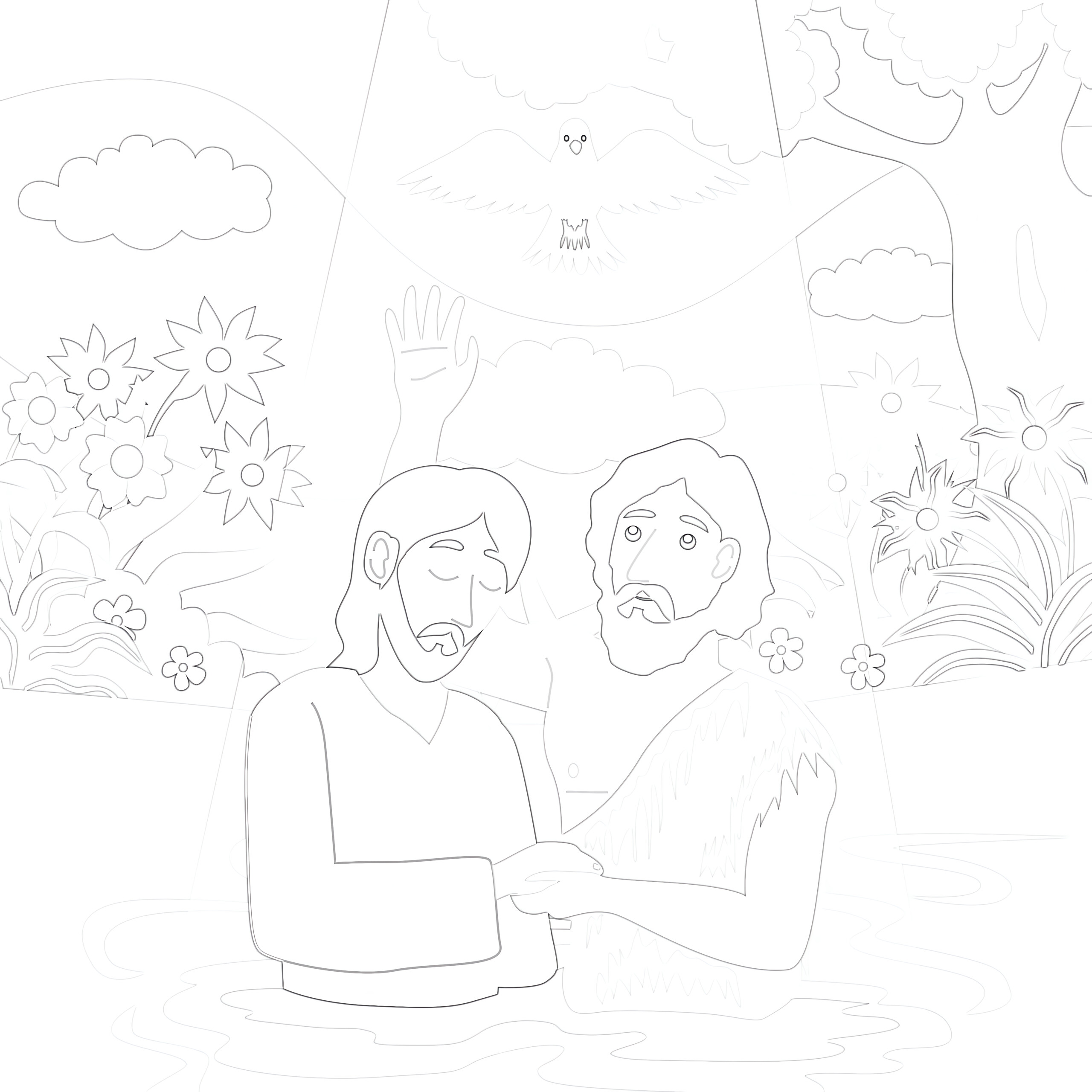 Jesus being baptized in jordan river coloring page