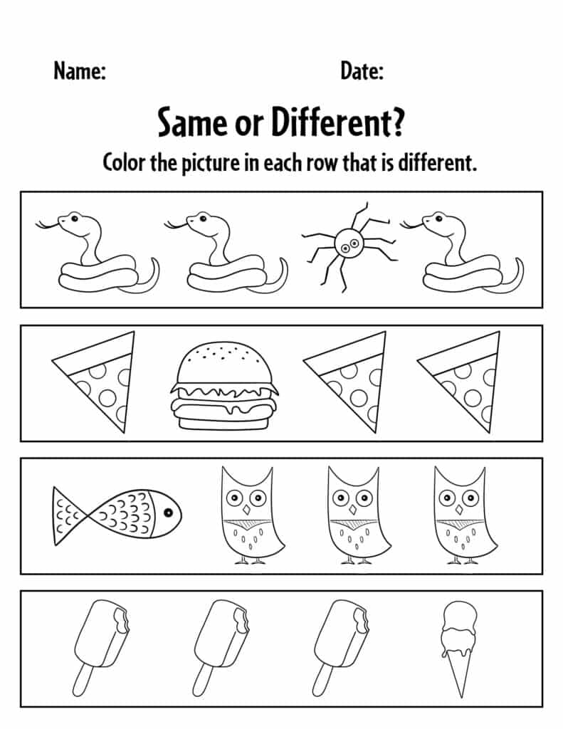 Free same and different worksheets for preschool â the hollydog blog