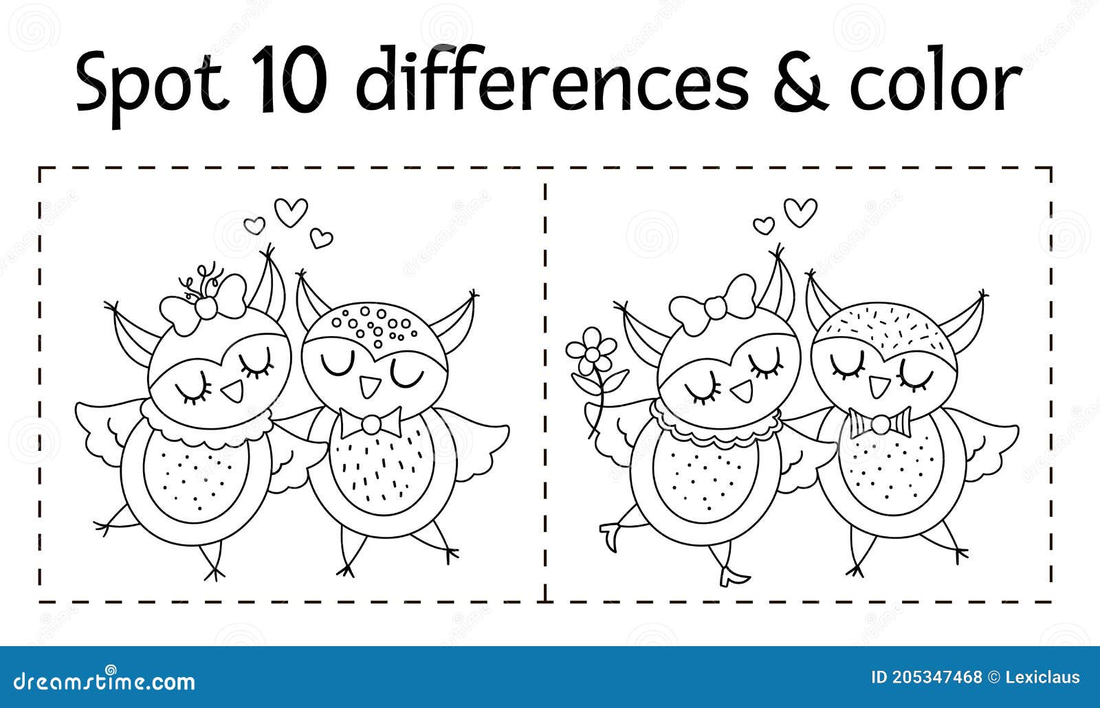 Saint valentine day find differences game for children holiday black and white educational activity and coloring page with funny stock vector