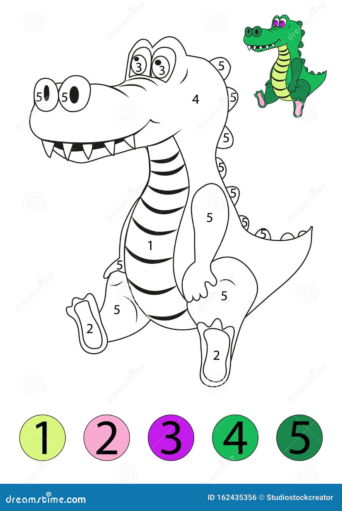 Coloring concept funny crocodile coloring page with number of color black and white draw with color example stock vector