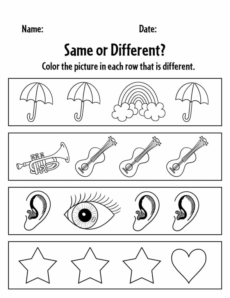 Free same and different worksheets for preschool â the hollydog blog