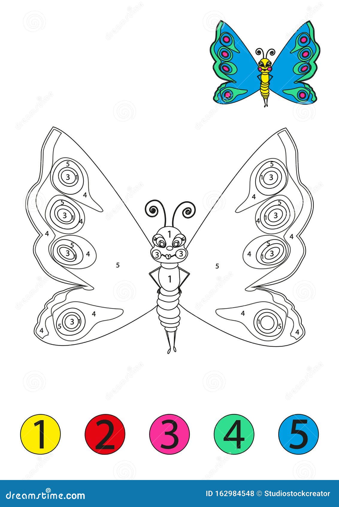 Coloring concept funny butterfly coloring page with number of color stock vector