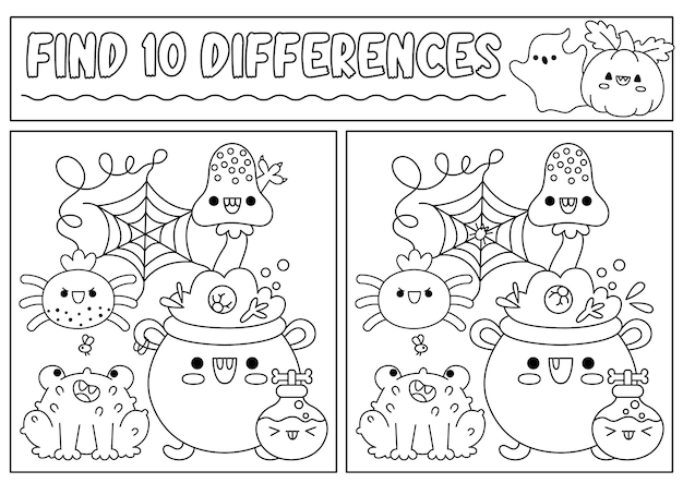 Premium vector halloween black and white find differences game for children attention skills line activity with cauldron frog potion puzzle for kids or coloring page printable what is different worksheet