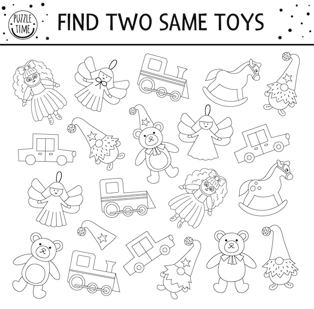 Premium vector find two same toys black and white christmas matching activity for children funny educational winter logical quiz worksheet for kids simple printable new year game or coloring page