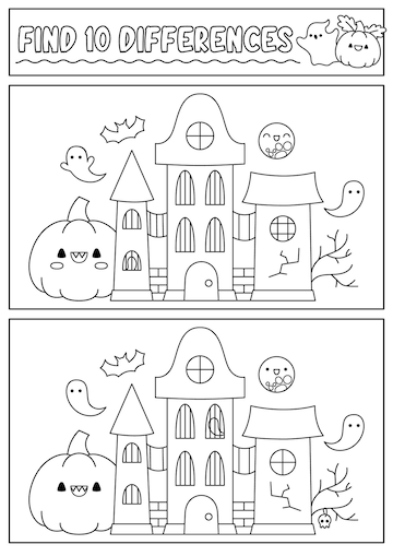 Premium vector halloween black and white find differences game for children attention skills line activity with cute haunted house puzzle for kids or coloring page printable what is different worksheet