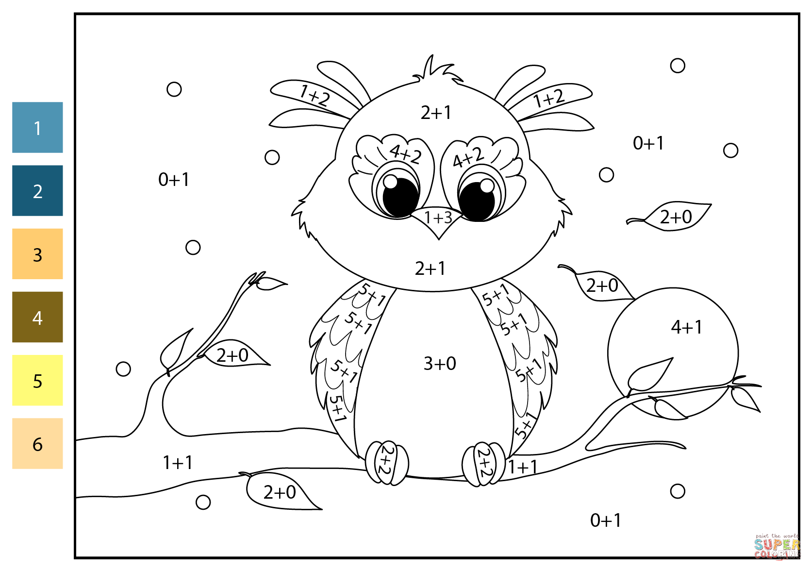 Addition color by number owl free printable coloring pages