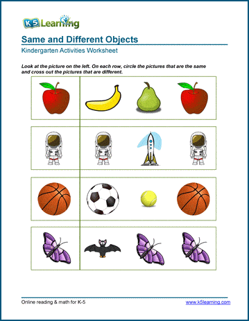 Free preschool kindergarten same vs different worksheets k learning