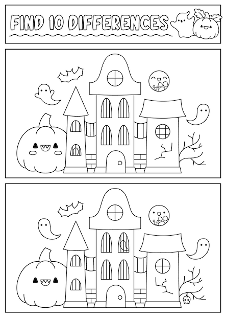 Premium vector halloween black and white find differences game for children attention skills line activity with cute haunted house puzzle for kids or coloring page printable what is different worksheet