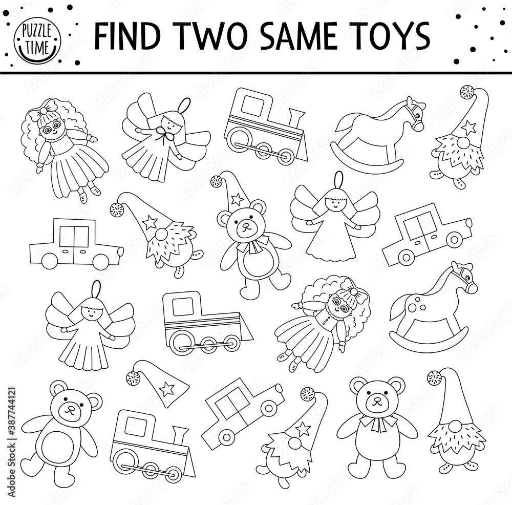 Find two same toys black and white christmas matching activity for children funny educational winter logical quiz worksheet for kids simple printable new year game or coloring page vector