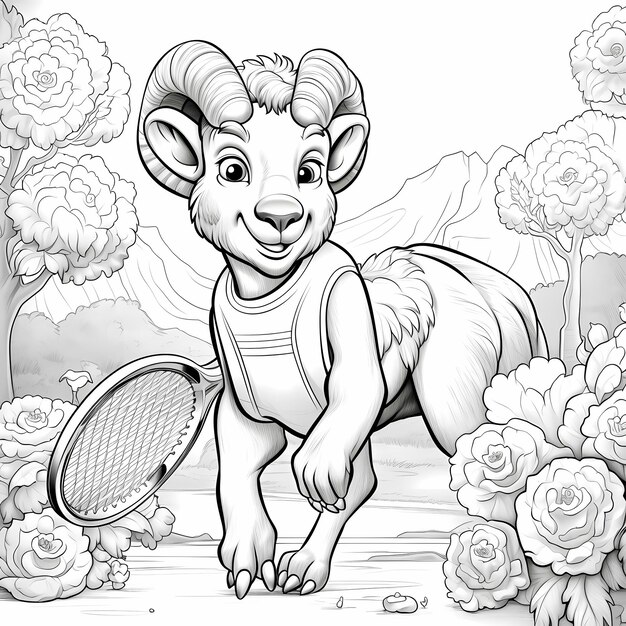 Premium ai image sammy the tennis star happy coloring book pages of a big horned sheep