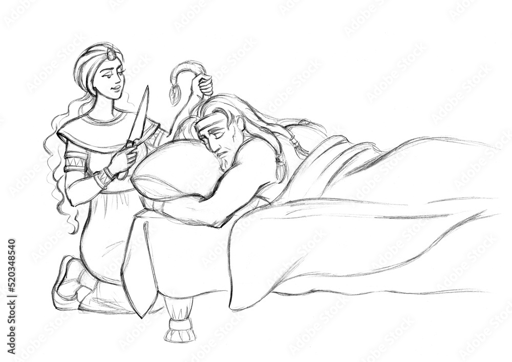Samson and delilah pencil drawing illustration