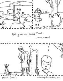 This free coloring page illustrates several of the important life events of david from his huâ story of david sunday school coloring pages bible coloring pages