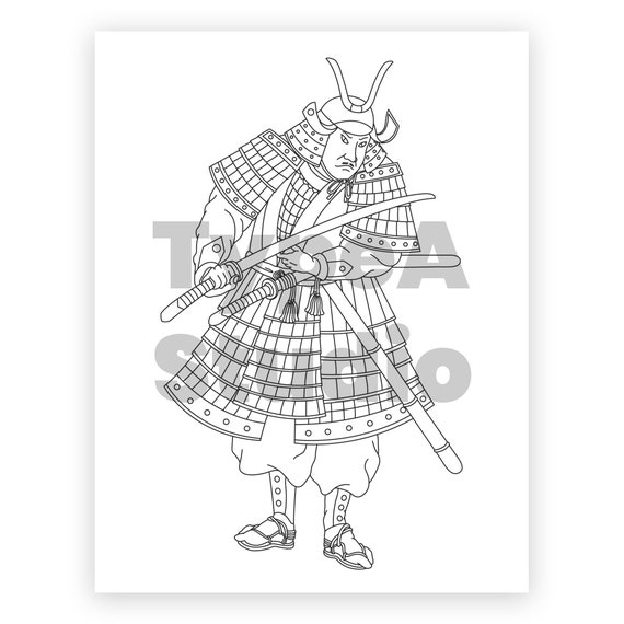 Japanese asian samurai adult and kids coloring page pdf digital print printable download