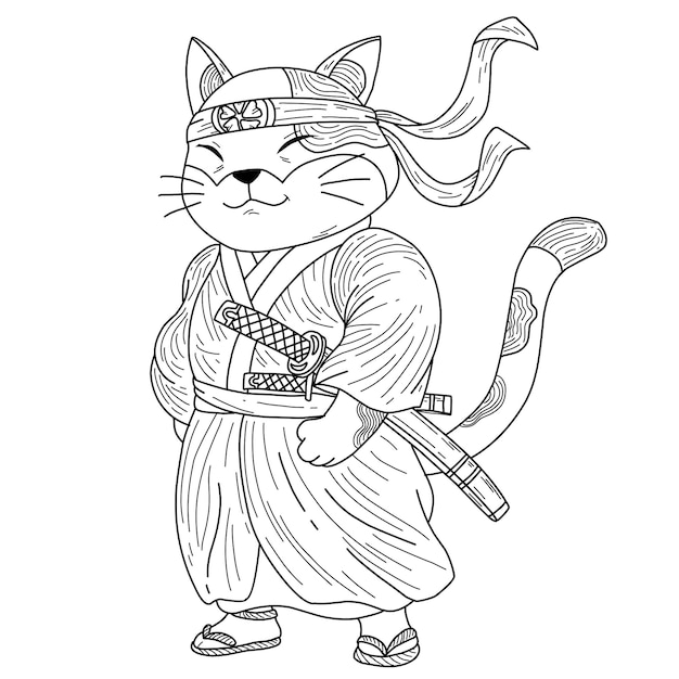 Premium vector coloring page illustration samurai cat