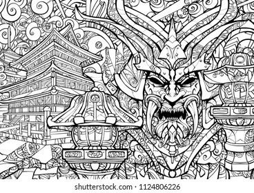Coloring page adults sinister samurai mask stock vector royalty free