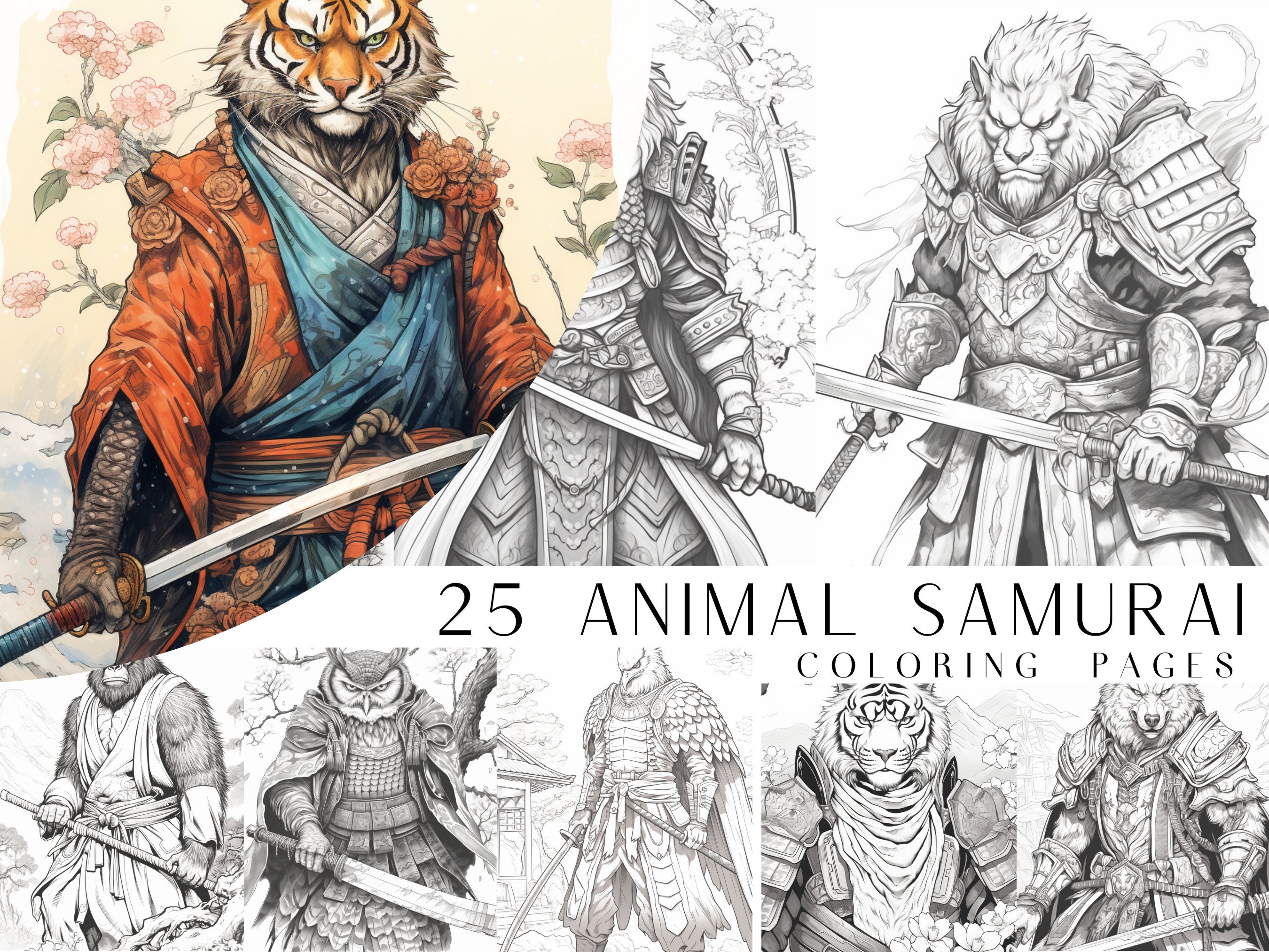 Buy animal samurai coloring pages kids and adults coloring book greyscale coloring sheets instant download printable pdf file online in india