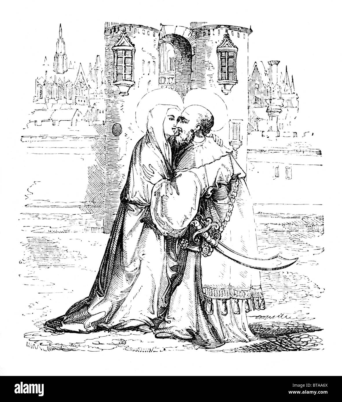 Reuniãn de santa ana y de san joaquãn en el golden gate ilustraciãn en blanco y negro de william hone diaria del libro fotografãa de stock