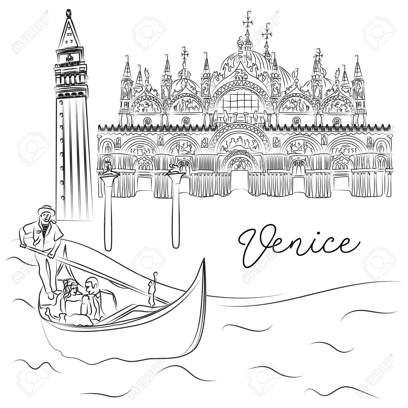 The gondolier swims in front of the campanile st mark cathedral and the columns of san marco and san teodoro in venice italy black and white outline hand drawn vector sketch royalty