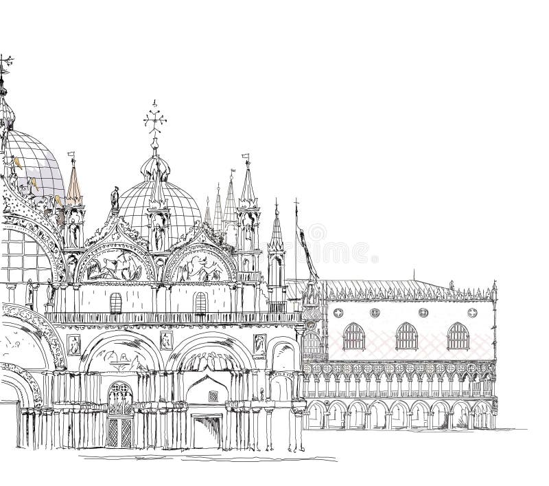 Venice sketch collection san marco and doge s palase detailed illustration stock vector