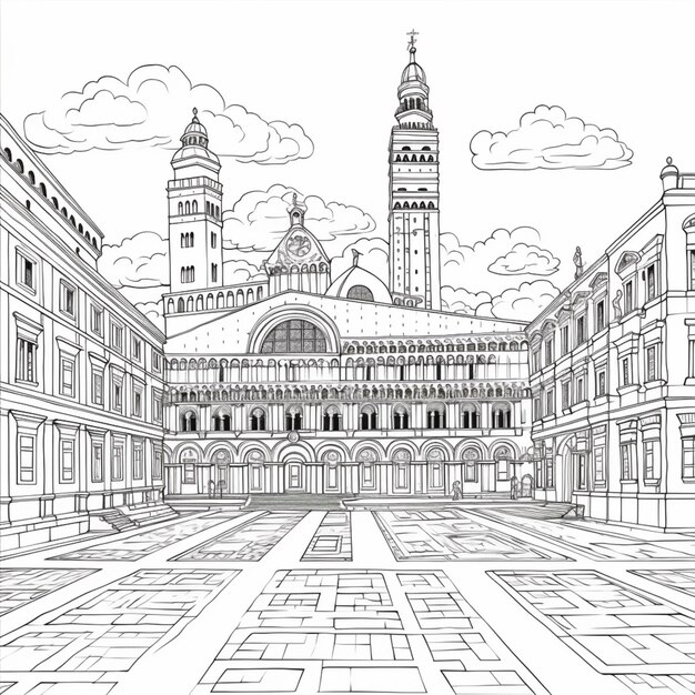 Premium ai image a drawing of a large building with a clock tower in the middle generative ai