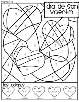 Spanish dãa de san valentãn color by number page by my little penguins