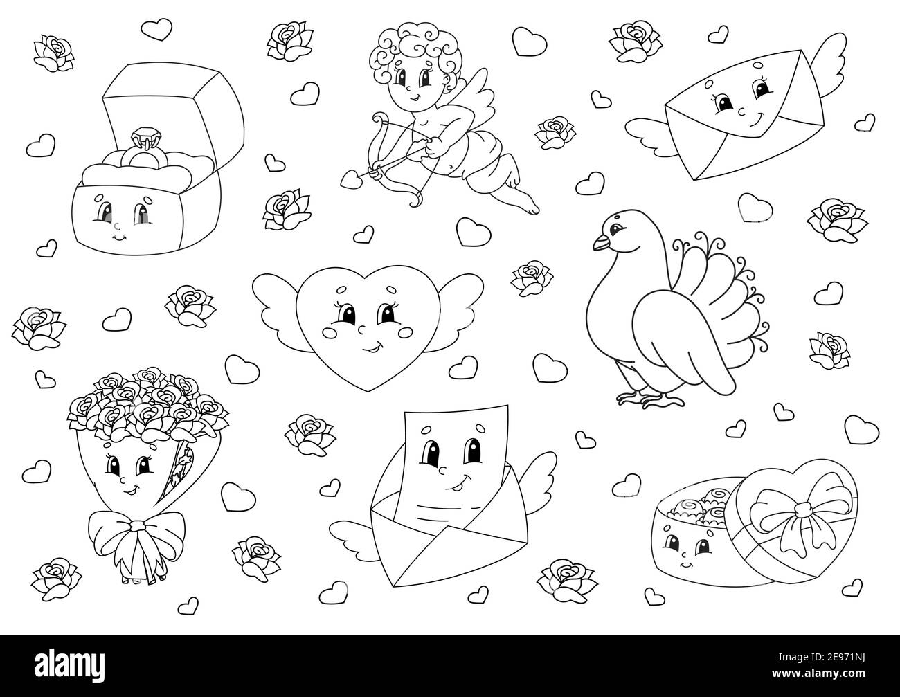 Coloring book for kids valentines day clipart cheerful characters vector illustration cute cartoon style black contour silhouette isolated on w stock vector image art