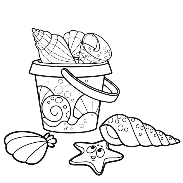 Premium vector childrens toy bucket for playing in the sandbox full of sea shells outlined on white background