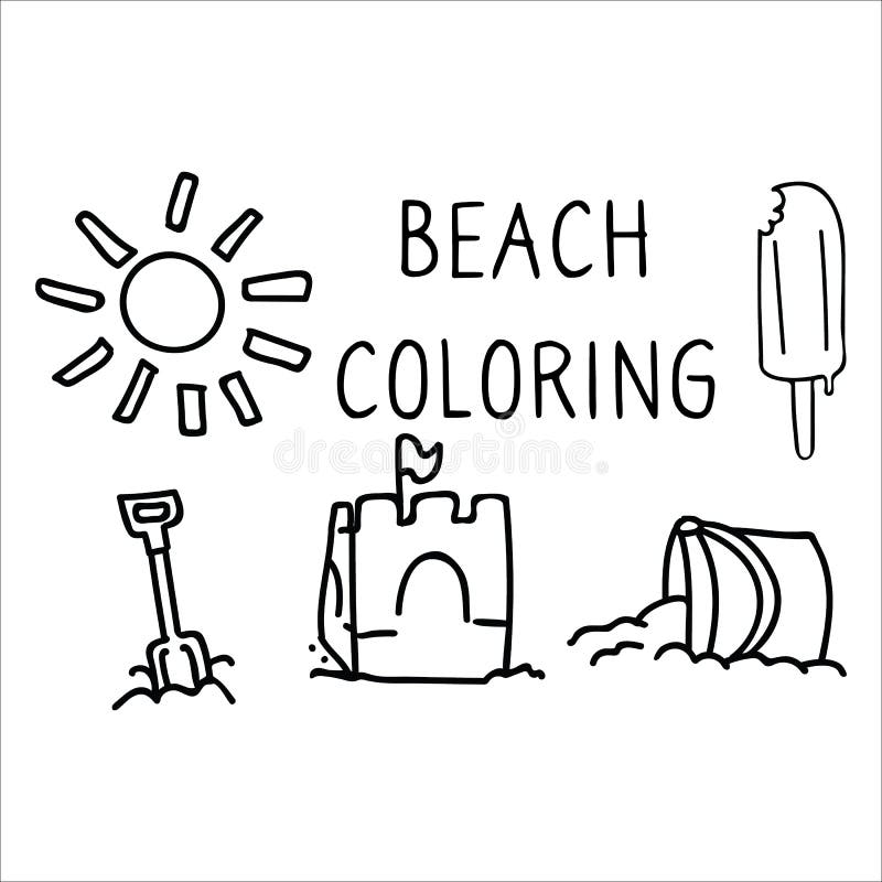 Cute summer beach day coloring page cartoon vector illustration motif set hand drawn isolated sandcastle bucket and spade stock illustration