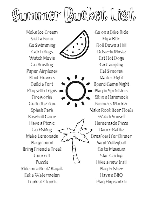 Printable summer bucket list coloring page print summer fun checklist summer checklist summer bucket list