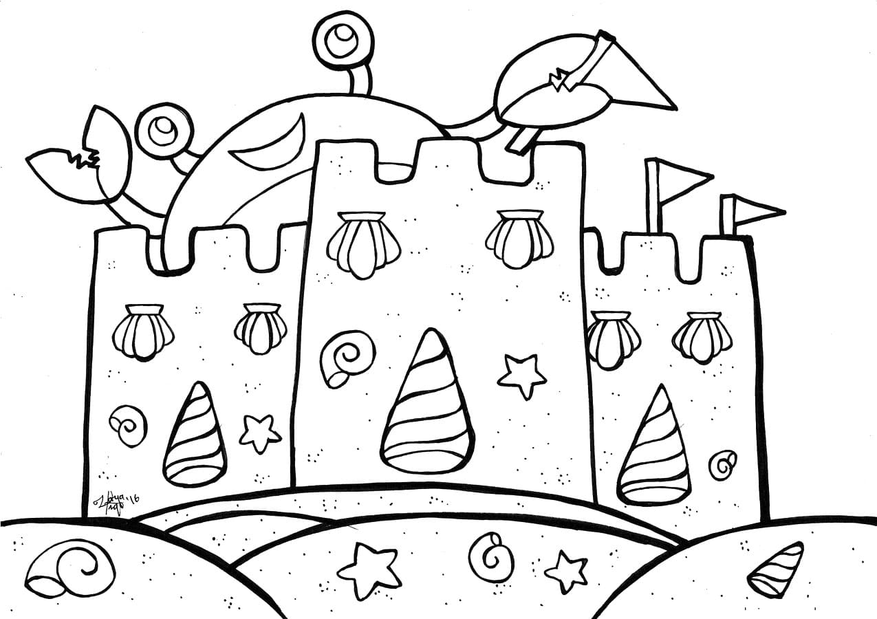 Crab and sand castle coloring page