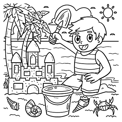 Summer child building sand castle coloring page stock illustration
