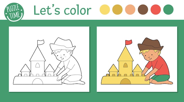 Premium vector summer coloring page for children cute funny kid building sandcastle beach holidays outline sea vacation color book for kids with colored version and example