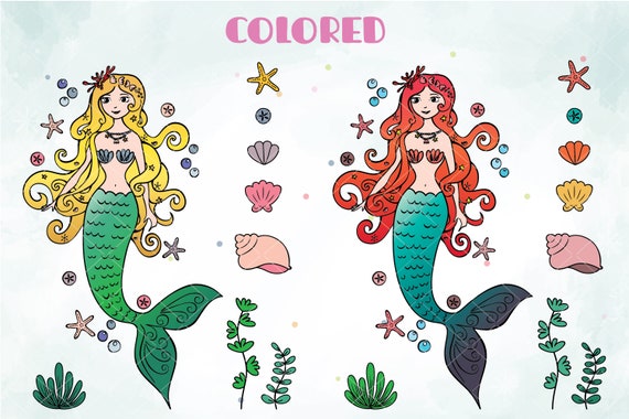 Colored mermaid eyes opened hand drawn sea princess clip art sea shell aquatic plants sand dollar outline drawing png svg eps pdf