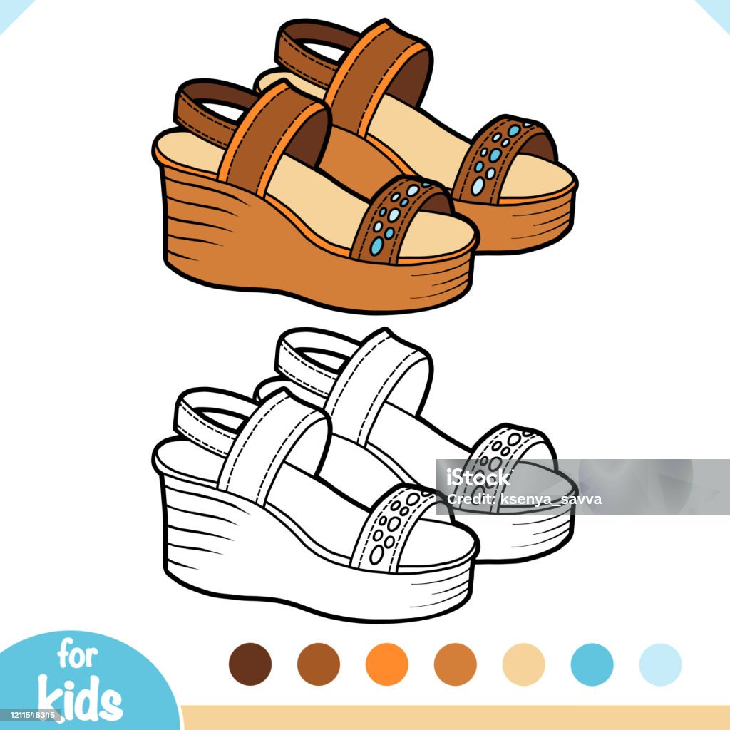 Coloring book cartoon shoe collection wedgeheeled sandals stock illustration