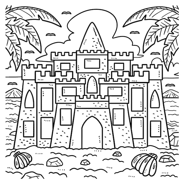 Premium vector summer sandcastle coloring page for kids