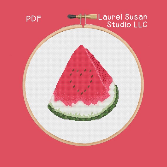 Patrãn de punto de cruz de rebanada de sandãa pdf digital cuãa de melãn de verano fruta coral rosa