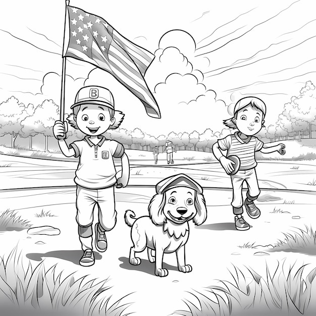 Premium ai image baseball on the sandlot coloring page golden retriever and american flag