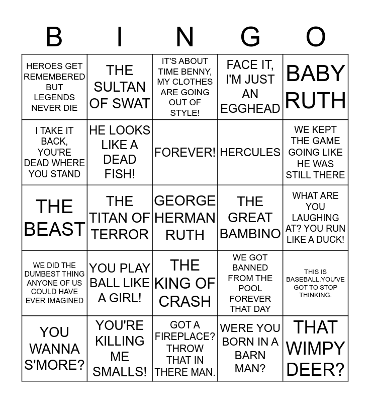 The sandlot bingo card