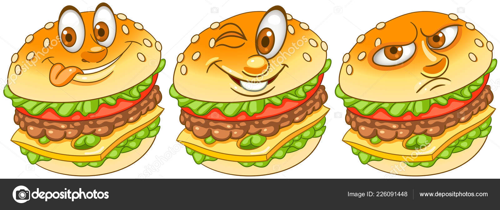 Burger hamburger cheeseburger fast food concept emoji emoticon collection cartoon stock vector by sybirko