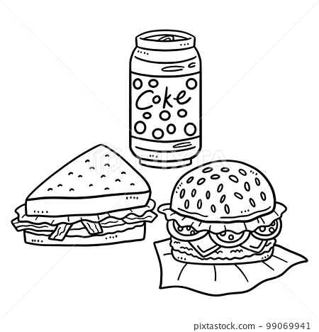 Cola burger and sandwich isolated coloring page