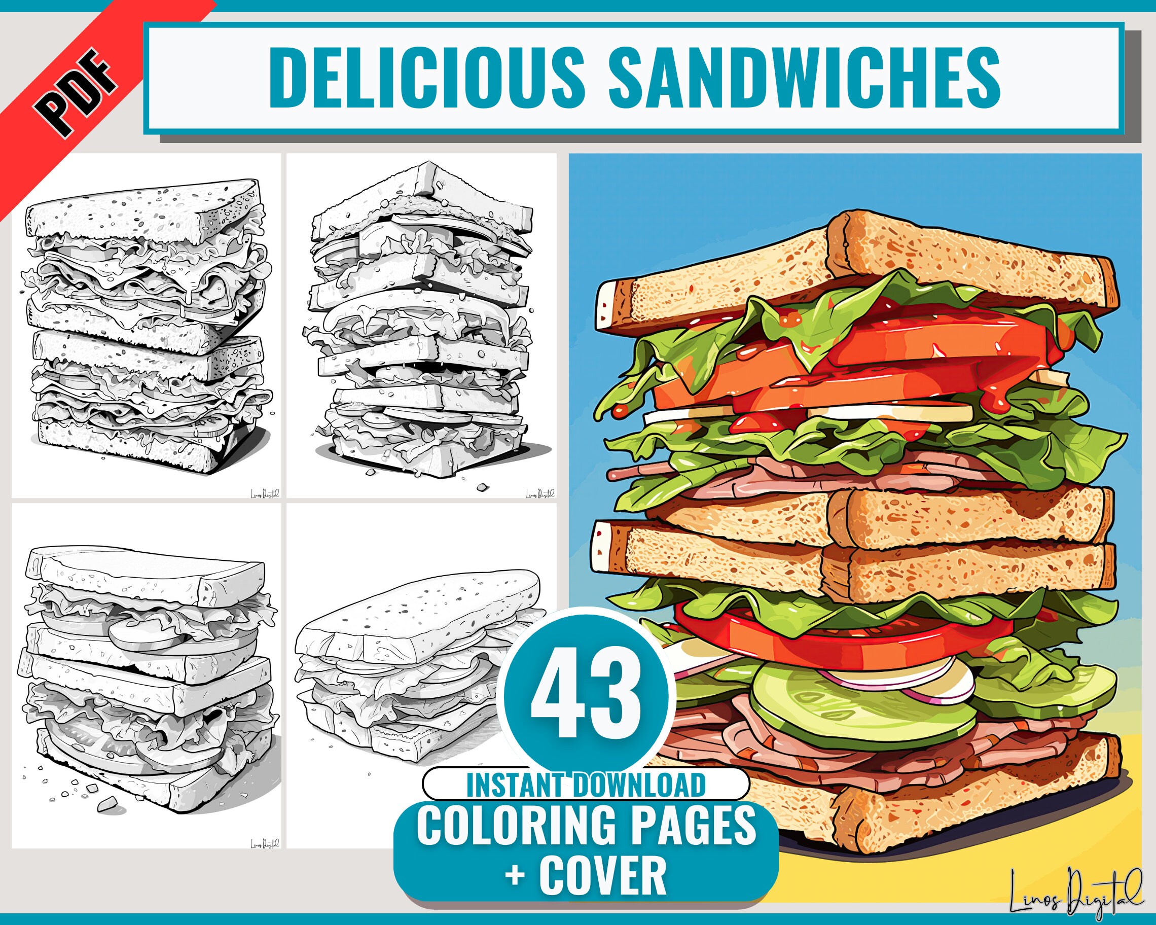 Delicious sandwiches adult coloring book sandwich with vegetables meat butter coloring pagesprintable pdfgrayscaledigital download