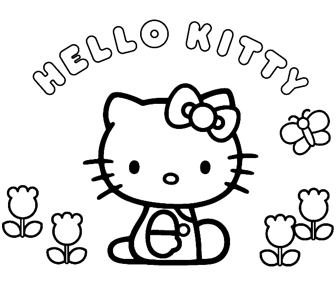 Hello kitty flowers and butterfly coloring page