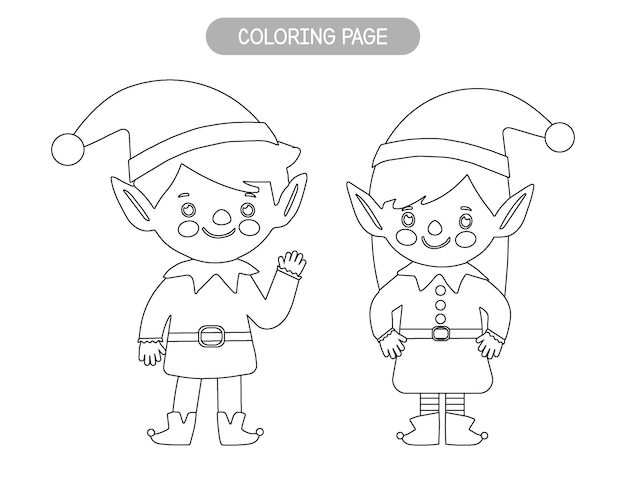 Premium vector christmas coloring page for kids cute elves coloring boy and girl elf fine motor skills activity