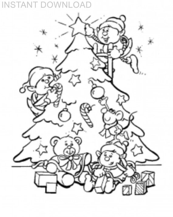Printable x elves decorating christmas tree coloring pageinstant downloaddigital fileplus bonus