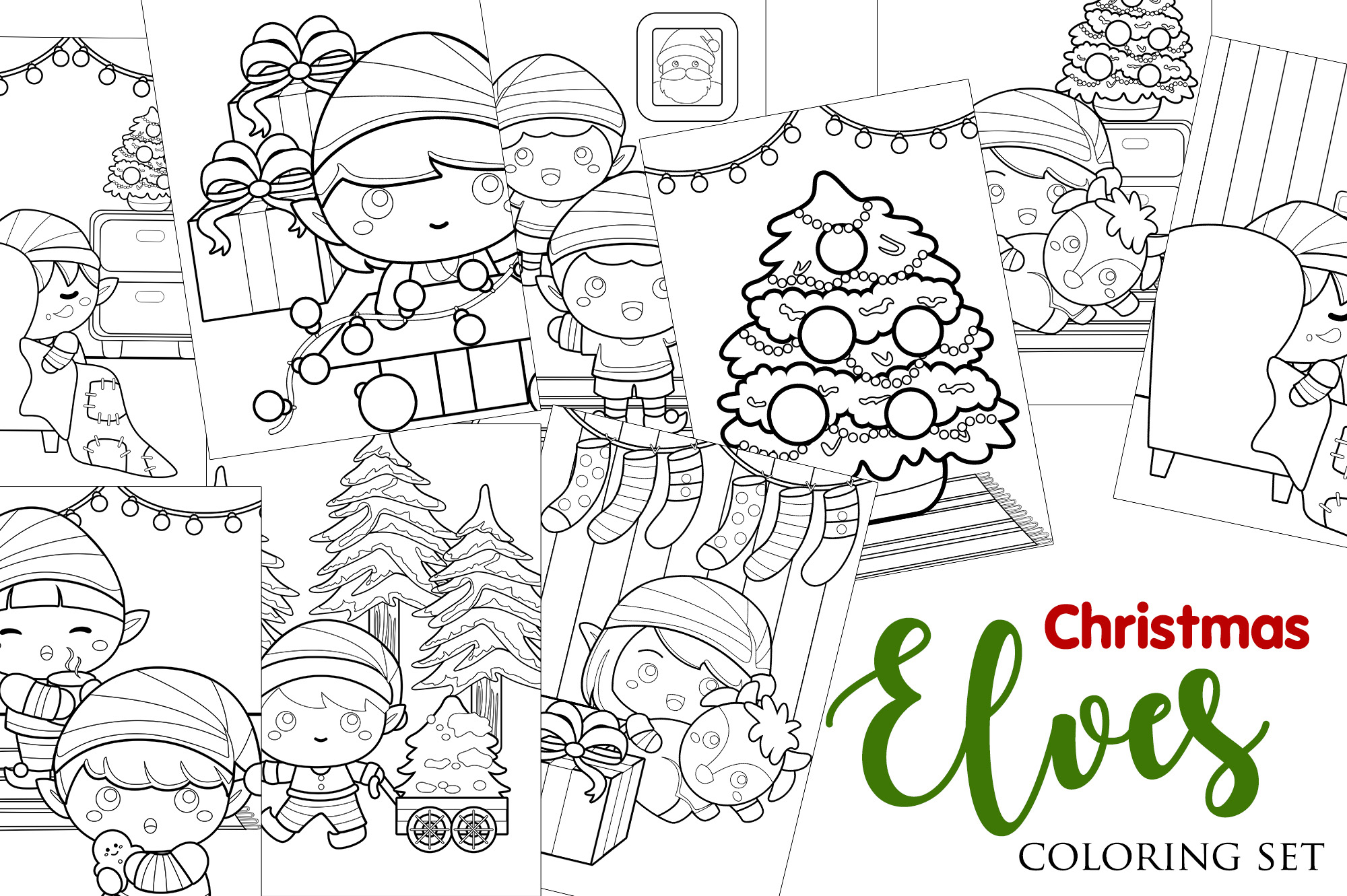 Cute christmas elf kids boy and girl at home and decoration outline coloring pages activity
