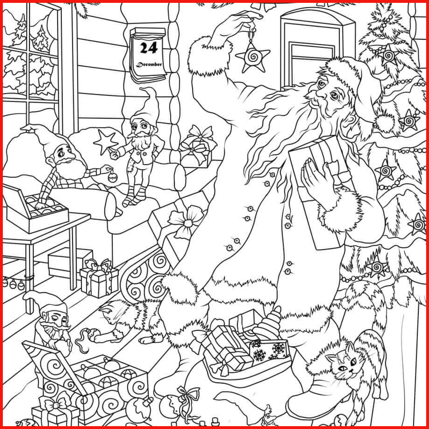 Santa claus with christmas elves free coloring page â