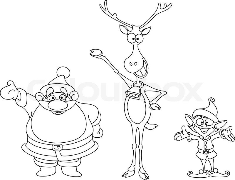 Outlined santa rudolph and elf coloring page stock vector