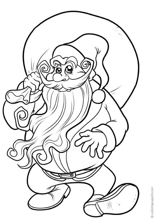 Old santa claus with long beard and a big bag coloring pages